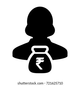 Indian Rupee Symbol Icon Vector Person Female Sign Avatar Symbol With Money Bag for Business Finance and Bank Savings Account in Glyph Pictogram illustration