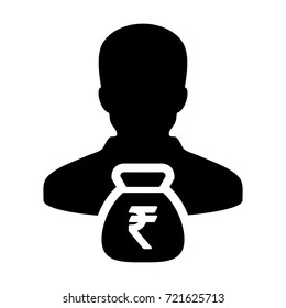 Indian Rupee Symbol Icon Vector Person Male Sign Avatar With Money Bag for Business Finance and Bank Savings Account in Glyph Pictogram illustration