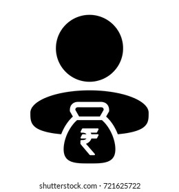 Indian Rupee Symbol Icon Vector Person Male Sign Avatar With Money Bag for Business Finance and Bank Savings Account in Glyph Pictogram illustration