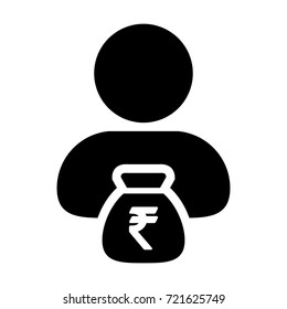 Indian Rupee Symbol Icon Vector Person Male Sign Avatar With Money Bag for Business Finance and Bank Savings Account in Glyph Pictogram illustration