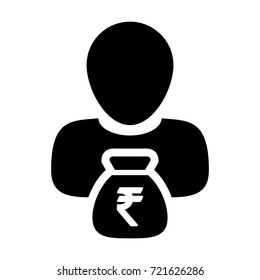 Indian Rupee Symbol Icon Vector Person Male Sign Avatar With Money Bag for Business Finance and Bank Savings Account in Glyph Pictogram illustration