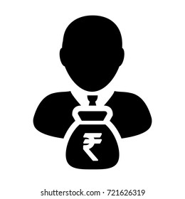 Indian Rupee Symbol Icon Vector Person Male Sign Avatar With Money Bag for Business Finance and Bank Savings Account in Glyph Pictogram illustration