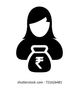 Indian Rupee Symbol Icon Vector Person Female Sign Avatar Symbol With Money Bag for Business Finance and Bank Savings Account in Glyph Pictogram illustration