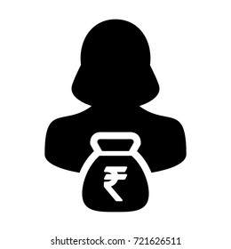 Indian Rupee Symbol Icon Vector Person Female Sign Avatar Symbol With Money Bag for Business Finance and Bank Savings Account in Glyph Pictogram illustration