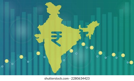 Indian Rupee Symbol on Indian Map, showing future of Indian Rupee as a currency. Increasing and Growing INR.