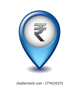 Indisches Rupien-Symbol auf dem Vektorsymbol Mapping Marker. Illustration Design der Währung Zeichen von Indien auf Karte Zeiger. Symbol der Währungseinheit. Vektorgrafik einzeln auf weißem Hintergrund