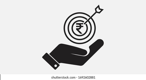 Rupia india en el icono objetivo en una mano. Icono de ilustración del vector. Icono simple. Icono de destino de inversión.