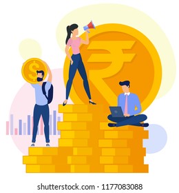 Indian Rupee and US dollar flat design vector  international business team work concept workflow management  investor growing  money abstract.