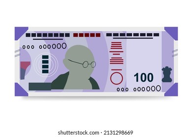 Indian Rupee Vector Illustration. India, Bhutan money set bundle banknotes. Paper money 100 INR. Flat style. Isolated on white background. Simple minimal design.