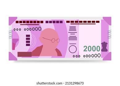 Indian Rupee Vector Illustration. India, Bhutan money set bundle banknotes. Paper money 2000 INR. Flat style. Isolated on white background. Simple minimal design.