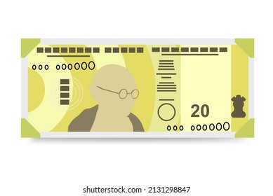 Indian Rupee Vector Illustration. India, Bhutan money set bundle banknotes. Paper money 20 INR. Flat style. Isolated on white background. Simple minimal design.