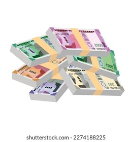 Indian Rupee Vector Illustration. India, Bhutan money set bundle banknotes. Paper money 100, 200, 500, 1000, 2000 INR. Flat style. Isolated on white background. Simple minimal design.