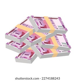 Indian Rupee Vector Illustration. India, Bhutan money set bundle banknotes. Paper money 2000 INR. Flat style. Isolated on white background. Simple minimal design.