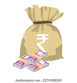 Indian Rupee Vector Illustration. India, Bhutan money set bundle banknotes. Money bag 2000 INR. Flat style. Isolated on white background. Simple minimal design.