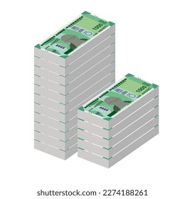Indian Rupee Vector Illustration. India, Bhutan money set bundle banknotes. Paper money 1000 INR. Flat style. Isolated on white background. Simple minimal design.