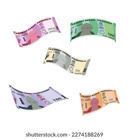 Indian Rupee Vector Illustration. India, Bhutan money set bundle banknotes. Falling, flying money 100, 200, 500, 1000, 2000 INR. Flat style. Isolated on white background. Simple minimal design.