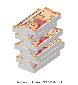 Indian Rupee Vector Illustration. India, Bhutan money set bundle banknotes. Paper money 200 INR. Flat style. Isolated on white background. Simple minimal design.