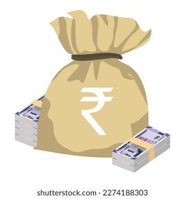 Ilustración de vectores de rupias indios. India, Bután pusieron billetes en paquete. Bolsa de dinero 100 INR. Estilo plano. Aislado sobre fondo blanco. Diseño sencillo y mínimo.