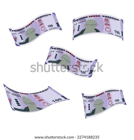 Indian Rupee Vector Illustration. India, Bhutan money set bundle banknotes. Falling, flying money 100 INR. Flat style. Isolated on white background. Simple minimal design.
