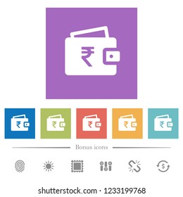 Indian Rupee wallet flat white icons in square backgrounds. 6 bonus icons included.