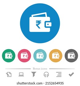 Indian Rupee Wallet Flat White Icons On Round Color Backgrounds. 6 Bonus Icons Included.