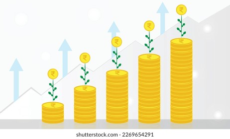Indian Rupees Growing on a stack of Coins, showing success of Indian Business who are increasing their profits