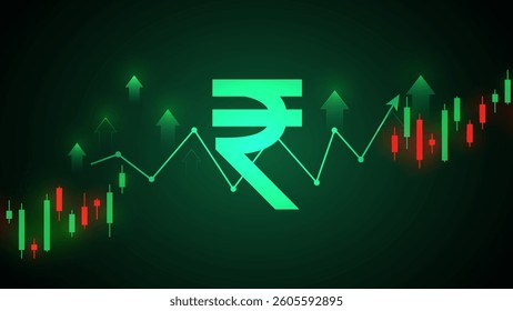 Indian Rupees value increase with graph and green background. Rupee increase vector illustration set. Indian Rupee cost increase icon