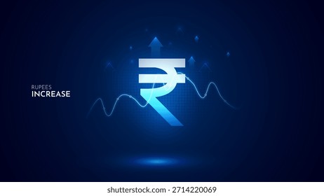 Aumento do valor das rúpias indianas com gráfico e fundo azul. Conjunto de ilustrações de vetor de aumento de rúpia. Ícone de aumento de custo em rúpia indiana