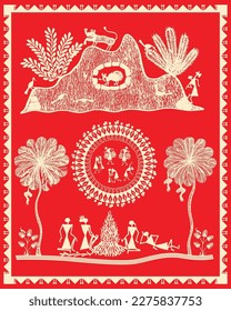 
Indische ländliche Gegend Feier im Dorf gezeigt in warli Malerei. Bonfire, Waldgenuss. Tapete Illustration Vector Warli Kunst, Moderne Gemälde.