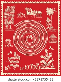 Indian rural area Wedding moment in warli painting. Modern Paintings, Bird and Tree Warli art, Wallpaper illustration Vector warli art.