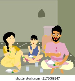 Indian rural family having lunchdinner in traditional way, Poor family concept.