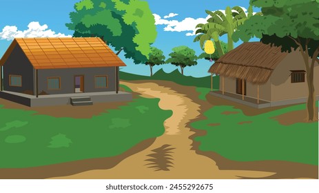 Indian rural Farmer house, poor mud house, Village landscape, tin shade home, straw hut, Indian village house, banana tree, dirt road, village roadside landscape, mud  hut landscape village scenery
