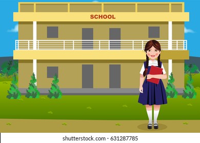 An Indian Rural Government School Building With Girl Student Holding A Book In Hand