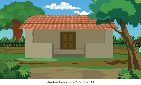 Indian rural house, Indian village house background for cartoon animation landscape with village, Village farm house, farmer  mud house, poor home