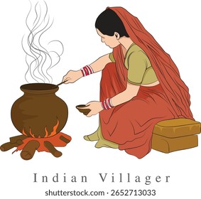 Uma mulher rural indiana cozinhando ilustração de comida, Uma mulher bonita simples sentada na cozinha, Uma ilustração da mulher da aldeia indiana
