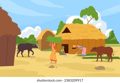 Paisaje rural indio, ilustración vectorial al estilo de dibujos planos. Área de vida tradicional de los pueblos. Jóvenes agricultoras, cabañas y casas de estilo antiguo. Vacas o búfalos en la naturaleza