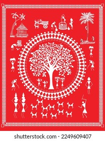 Vida rural india en pintura artística. Pintura warli que muestra estilo de vida tribal. Pintura moderna, arte, ilustración, vector, dibujo y pintura mural.