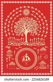 Indian rural life in art painting. Warli painting showing Tribal Lifestyle. Modern painting, illustration, art, vector, drawing and wall painting.