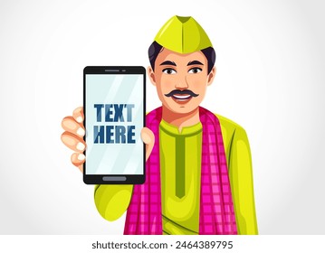 Indian rural man raises his hand to show a blank screen on a mobile phone with copy space to display an advertisement