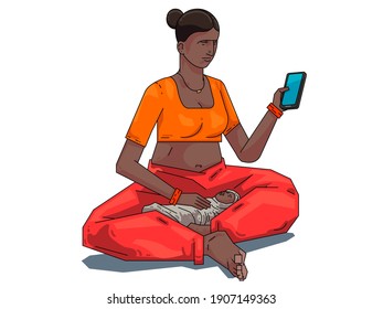 Indian Rural Mother Using Smartphone