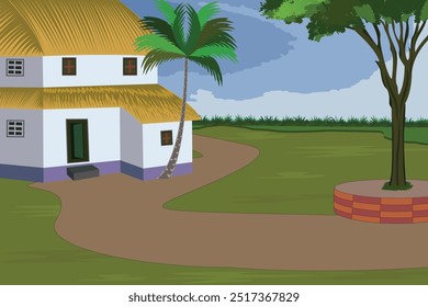 Indian rural village. Farmers Straw huts, green fields, coconut trees and dirt roads create a picturesque roadside landscape at the heart of village life