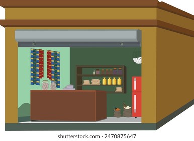 Indian rural village grocery store shop with grocery items isolated clipart with white background. Asian shop 2d vector illustration