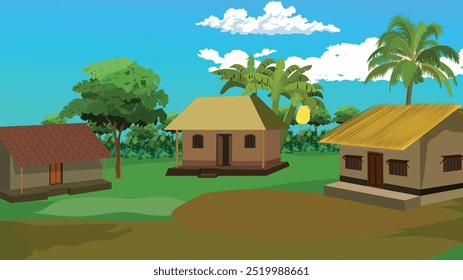 Indian Rural Village House Compound Vector with Huts, Cottages, Coconut Trees, and Country Road Surrounded by Trees and Bushes