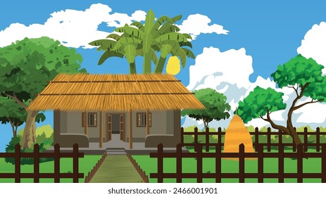 Indian Rural village  mud house roof made of straw. Village home for cartoon animation