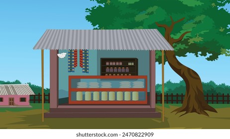 Indian rural village road landscape. village grocery store. Asian rural village background design 