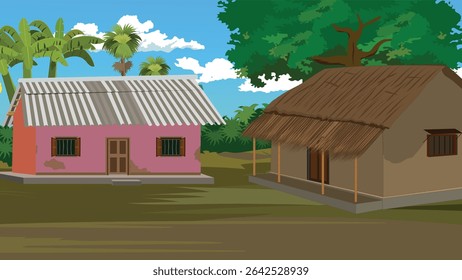 Indian Rural Village Vector Illustration – Village Road, Clay Houses, Banana Trees, and Countryside Ambience for Animation Projects	
