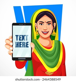 Indian rural woman raises her hand to show a blank screen on a mobile phone with copy space to display an advertisement