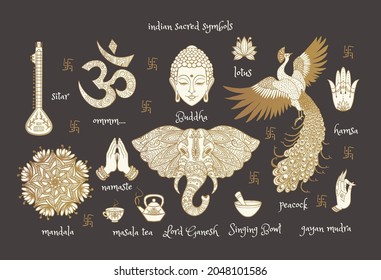 indian sacred symbols: Buddha, ganesha, peacock, sitar, namaste, mandala, hamsa, om, lotus