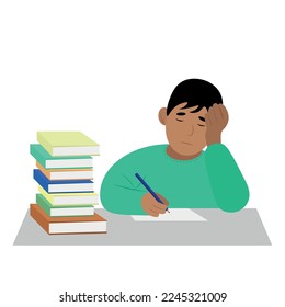 Indian sad boy sitting at the table and doing homework, flat vector, isolate on white, books