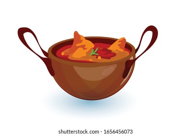 Indian samosa deep fried in Ghugni chola Vector Illustration isolated on White Background